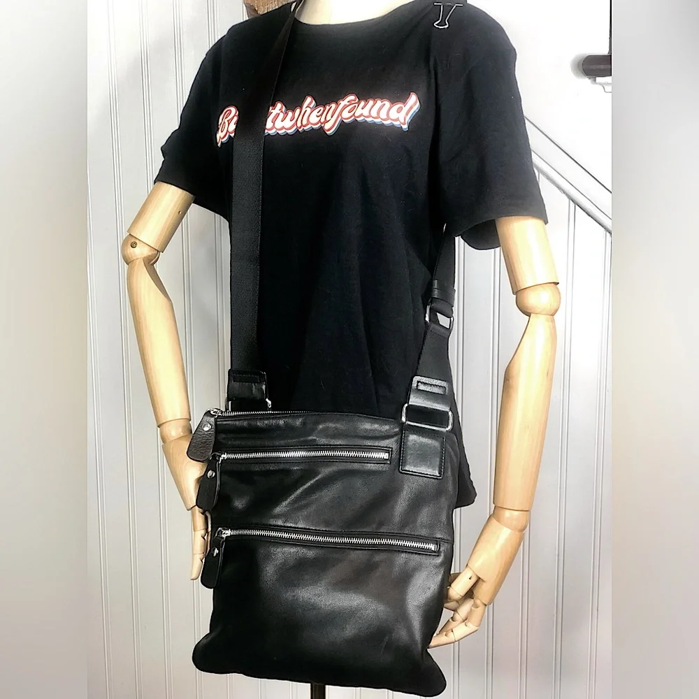 MARGOT Black Leather Messenger Bag 2 Ext. Front Zipper Pockets Top Zip Closure